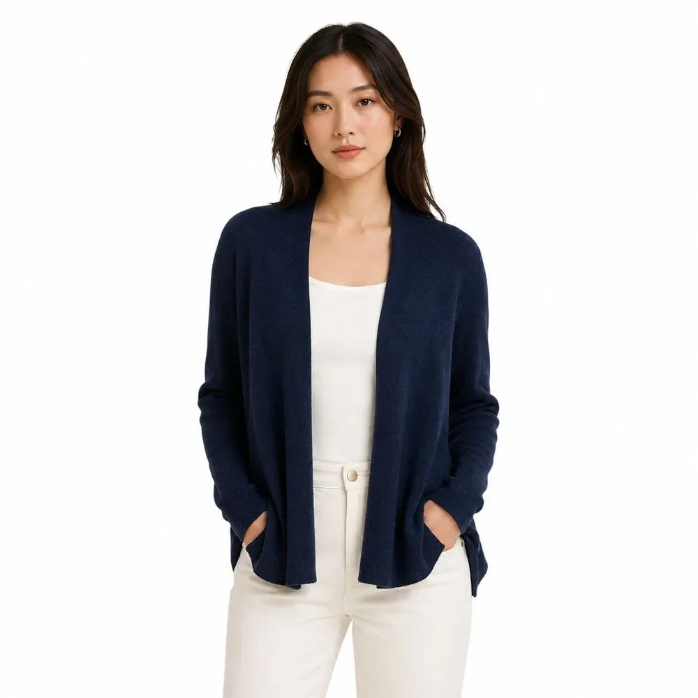 Eileen Fisher Cardigan Sweater Womens Medium Blue Wool Open Front Knit Pockets